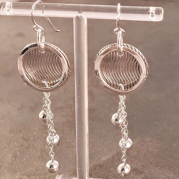 sterling-silver-sapphire-aqua-  Sterling Modern Waves Pattern Circle Dangle Drop Earrings